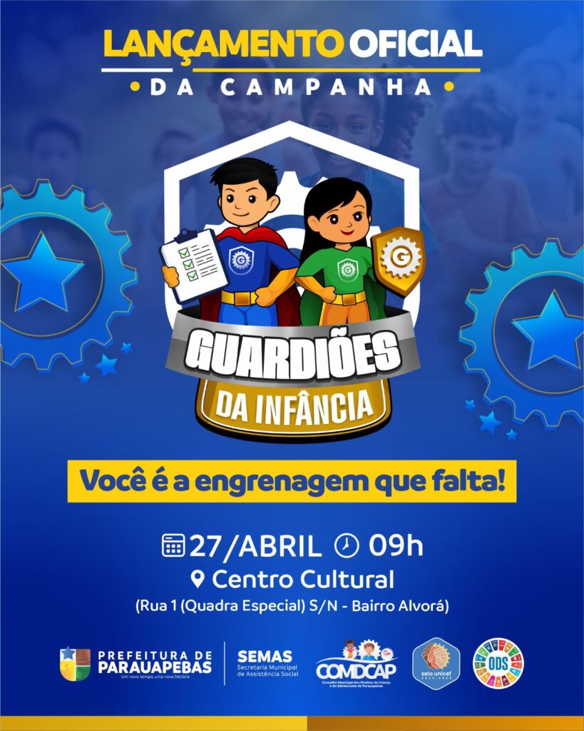 A campanha Guardiões da Infância, lançada em abril de 2026 em Parauapebas (PA), visa fortalecer o Fundo Municipal dos Direitos da Criança e do Adolescente. A iniciativa incentiva pessoas físicas e jurídicas a destinarem parte do Imposto de Renda para projetos sociais locais, sem custos adicionais. Facebook·Prefeitura de Parauapebas +1Principais Detalhes da Campanha:Objetivo: Arrecadar fundos e valorizar ações para crianças e adolescentes.Destinação IR: Pessoas físicas podem destinar até 3% (ou 6% na declaração) e jurídicas até 1% do imposto devido.Realização: Conselho Municipal dos Direitos da Criança e do Adolescente de Parauapebas (COMDCAP).Lançamento: Ocorreu em 27 de abril de 2026, com foco na responsabilidade social. 